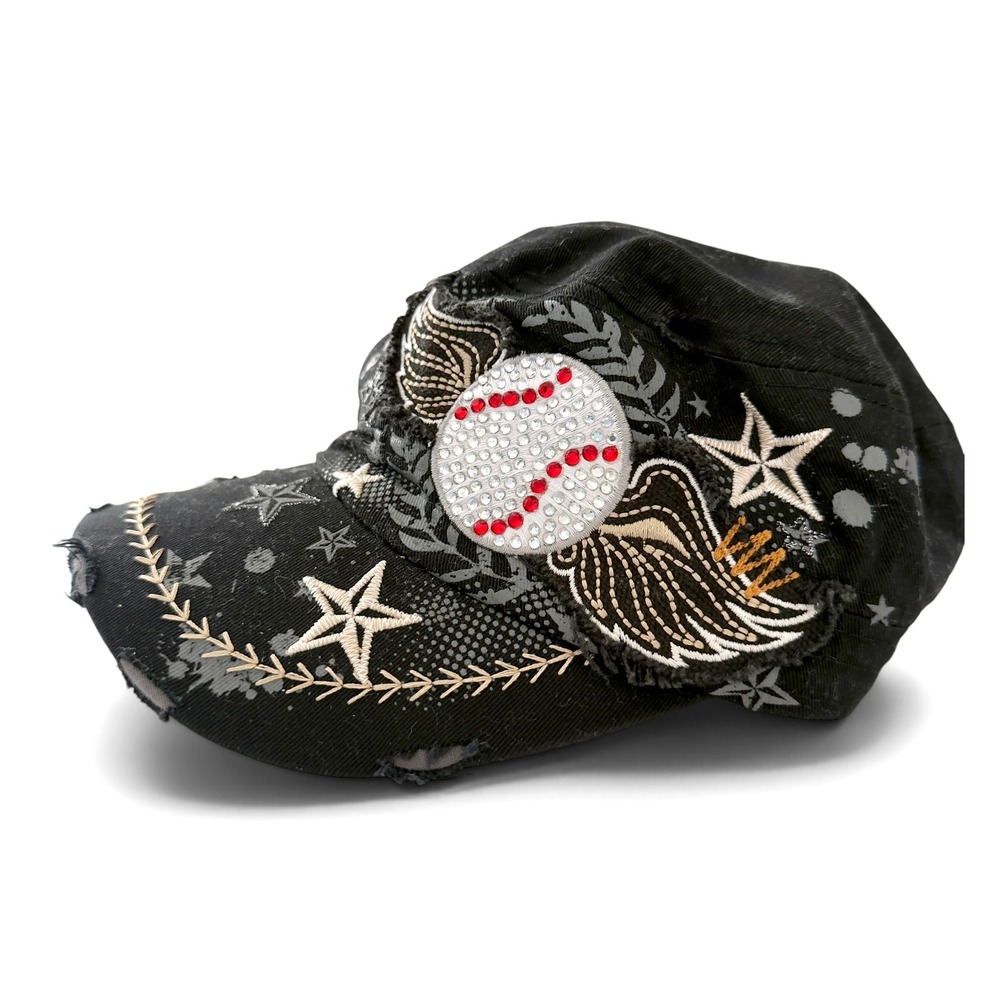 Y2K McBling Rhinestone Baseball Cadet Hat Distressed Wing Embroidered Grunge OS